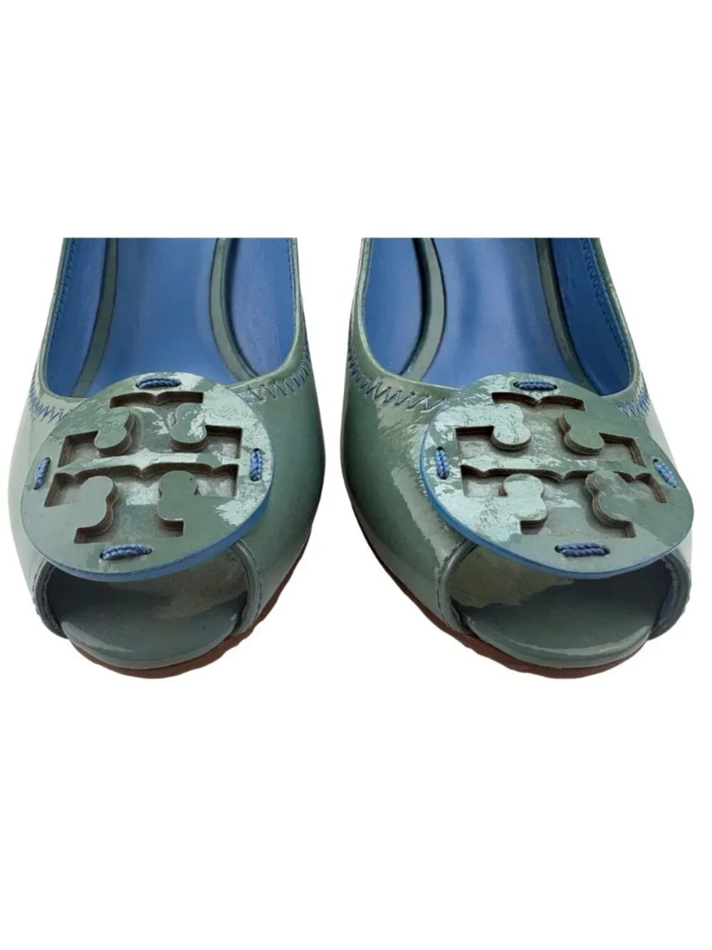 Tory Burch Patent Leather Peep Toe Wedge Pumps Blue Green RARE Colorway Size 8